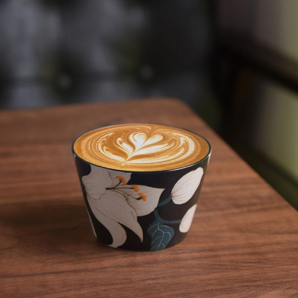 Handmade Japanese Ceramic coffee Mug – Hand-Painted Black Lily Design, Perfect for Restoring Energy with a Coffee After Work