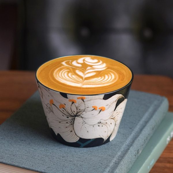 Hand-painted Lily Flower Ceramic Coffee Mug with Nordic Black Background, Elegant and Artistic Coffee Cup