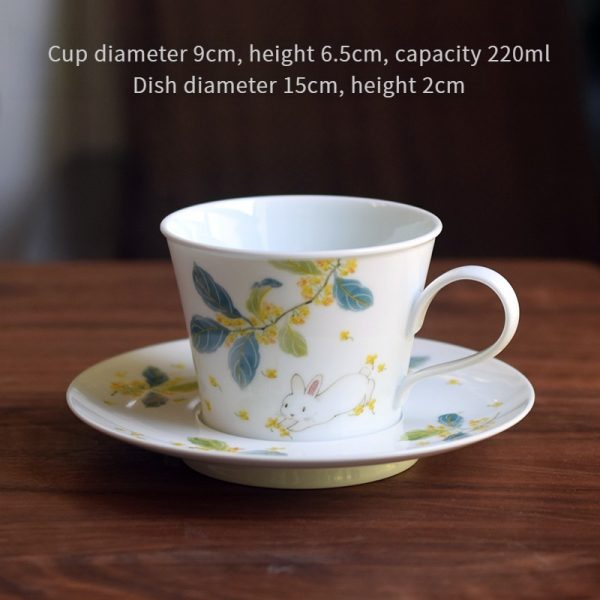 Osmanthus Rabbit Ceramic Coffee Cup and Saucer Set, with a 9cm diameter, 6.5cm height, and 220ml capacity, featuring exquisite underglaze decoration and handcrafted design, perfect for enjoying a cup of elegant coffee or tea