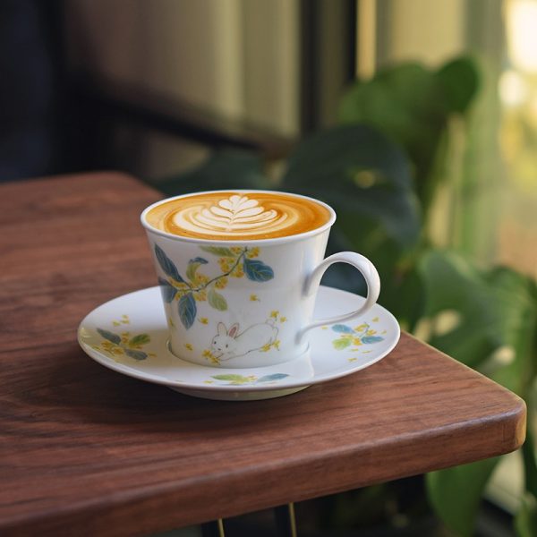 Osmanthus Rabbit Ceramic Cup and Saucer Set, handcrafted with underglaze decoration, perfect for a morning latte art, starting your day full of energy