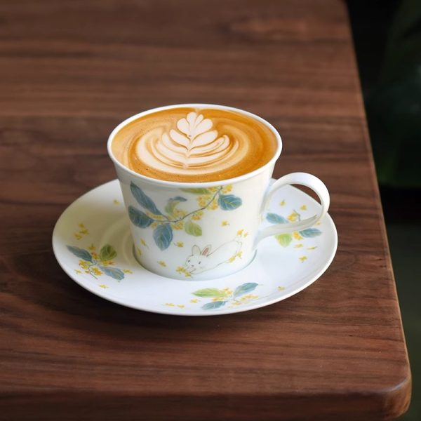 Osmanthus Rabbit Coffee Cup and Saucer Set, handcrafted ceramic with fragrant osmanthus branches and a running white rabbit, soft and warm colors, an ideal gift choice