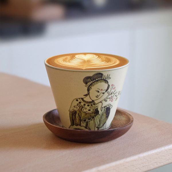 Blue and White Hand-Painted Court Lady Ceramic Coffee Mug, Chinese Style Design with Lady Holding Blooming Peach Blossom