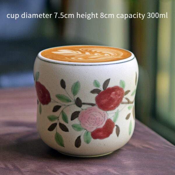 Hand-painted camellia ceramic coffee mug with 7.5cm diameter, 8cm height, and 300ml capacity, showcasing elegant craftsmanship.