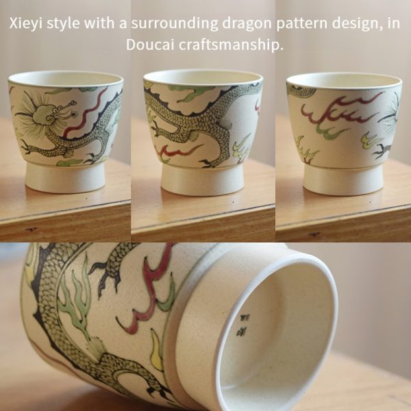 Hand-painted dragon pattern ceramic coffee cup, doucai craftsmanship, displayed from different angles, exquisite design