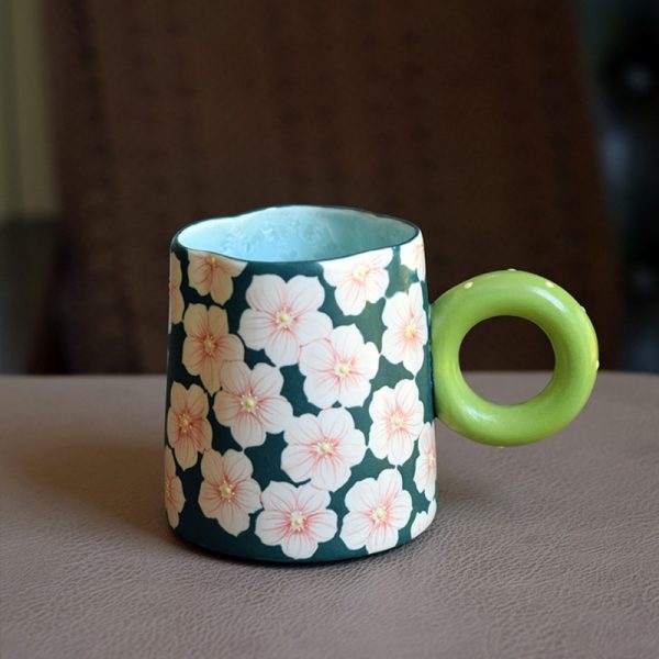 Nordic Style Hand-painted Underglaze Ceramic Coffee Mug, Begonia Flower Rim, Pink Sakura Pattern, Large Capacity with Green Ring Handle