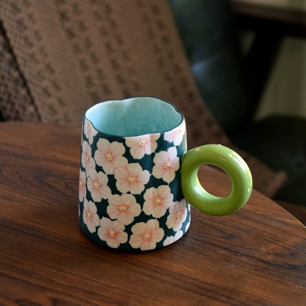 Hand-painted Underglaze Ceramic Sakura Coffee Mug, Pink Cherry Blossom Pattern, Refreshing Design for a Good Mood