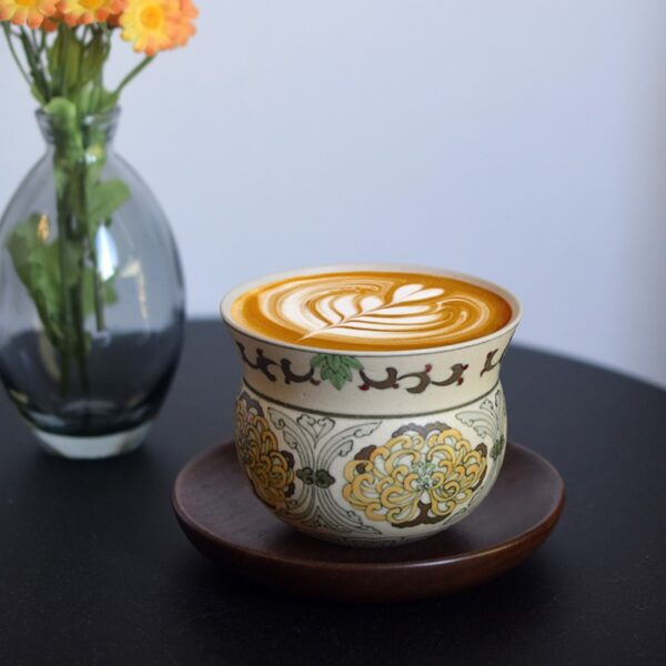 Hand-painted polychrome chrysanthemum ceramic coffee cup, custom made with unique floral design, perfect for daily use