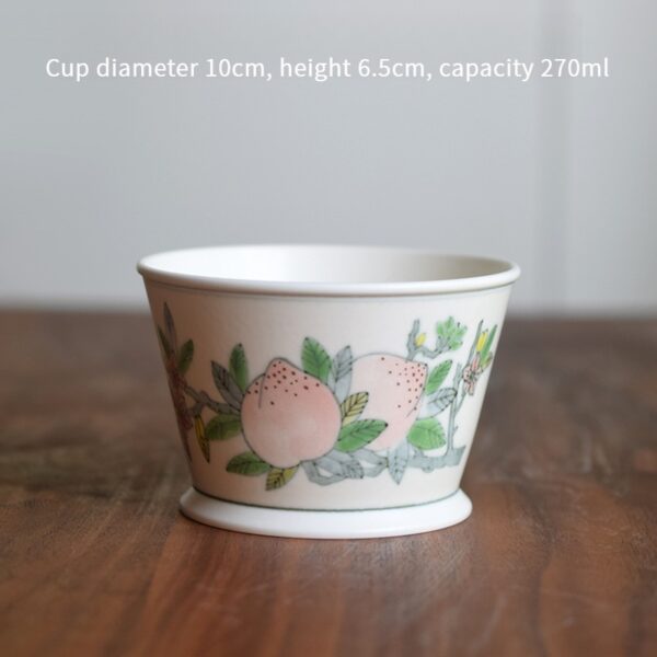 Peach ceramic coffee cup with a 10cm diameter, 6.5cm height, and 270ml capacity. Features a warm white surface for an elegant look