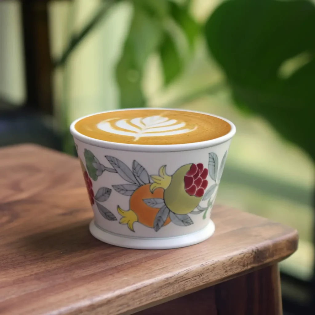 Custom ceramic coffee mug with hand-painted pomegranate design brightens your office time.