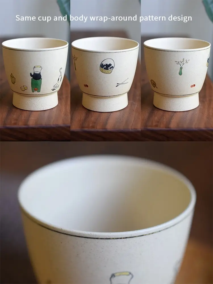 Hand-painted coffee mug showcases unique patterns on each side, reflecting artisan ceramic craftsmanship
