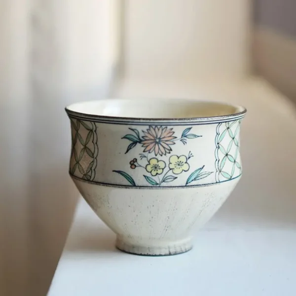 Present a Japanese-style ceramic tea cup with hand-painted chrysanthemum patterns for lovers of oriental aesthetics.