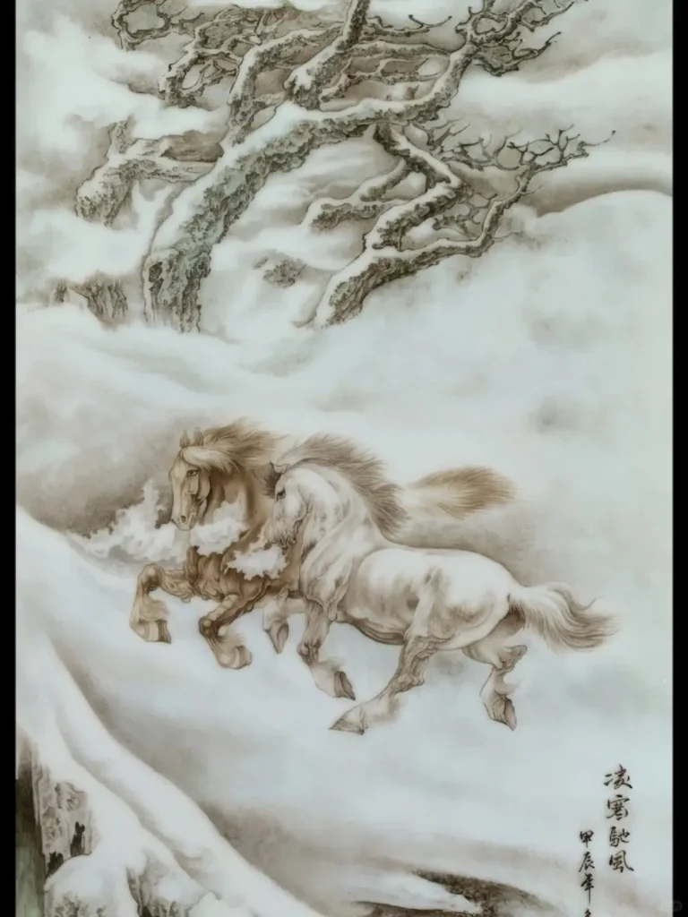 Dynamic horse painting on ceramic plaque using traditional gongbi brush techniques, numbered edition
