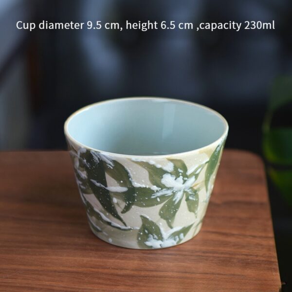 Hand-painted snow bamboo ceramic cup with 9.5cm diameter, 6cm height, 230ml capacity, balanced proportions