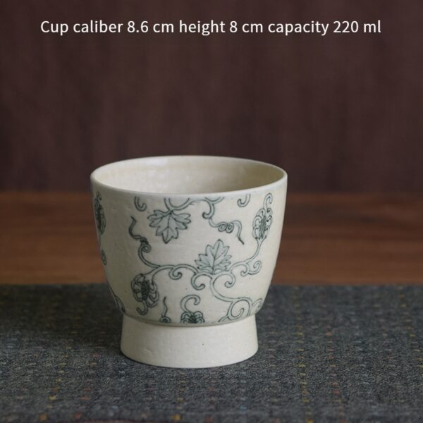 Vintage blue and white ceramic coffee cup with 8.5cm rim, 8cm height, 220ml capacity — designed for cafés.