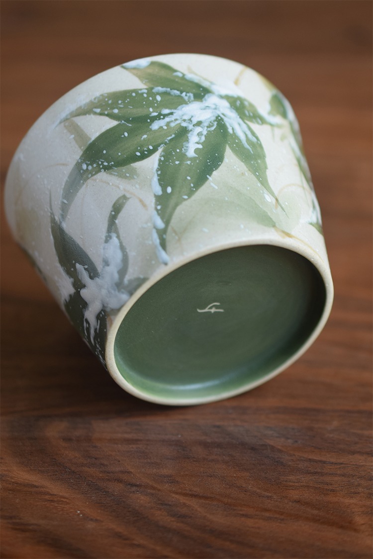 Bottom view of ZHUGU hand-painted snowy bamboo ceramic cup with celadon green glaze and fine craftsmanship