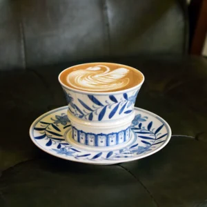 Blue and white ceramic coffee set with bamboo-style design, featuring a Zen-inspired aesthetic and underglaze hand-painting.
