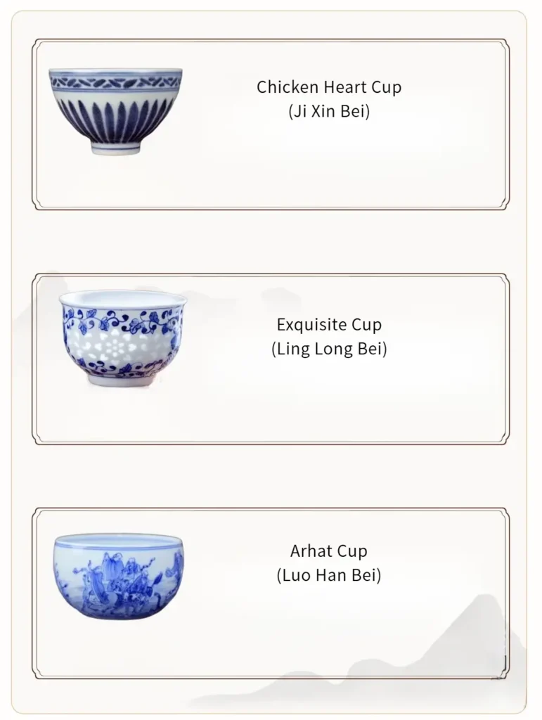 A photograph featuring three unique ceramic cups: the Chicken Heart Cup with a slim base and raised bump, the Exquisite Cup with intricate carvings and light-reflecting glaze, and the Arhat Cup with a round, thick body and inward-curving rim, each showcasing distinct craftsmanship.
