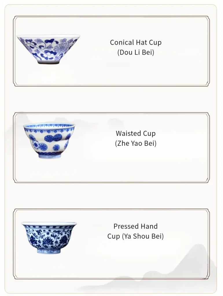 A photograph showcasing three distinct handmade ceramic cups: the Conical Hat Cup, Waisted Cup, and Pressed Hand Cup