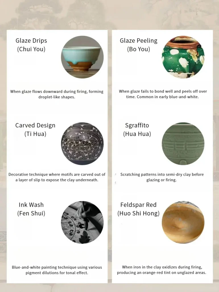 Glaze peeling, carved design, sgraffito, ink wash and Feldspar Red firing results