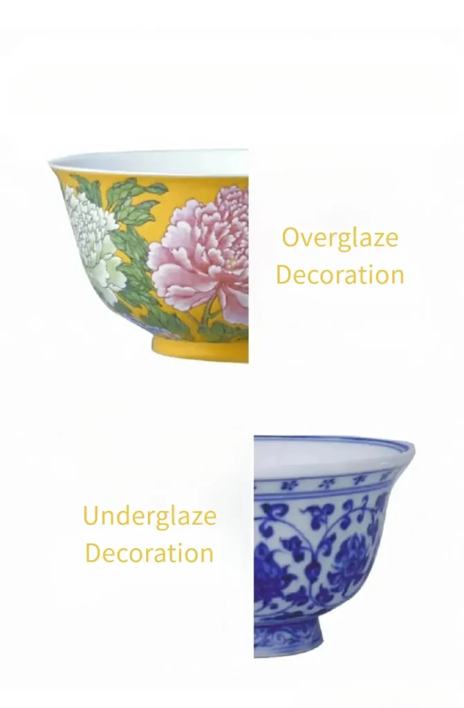 Peony ceramics combined image showing overglaze decoration with vibrant raised texture on top and underglaze decoration with smooth glossy surface below