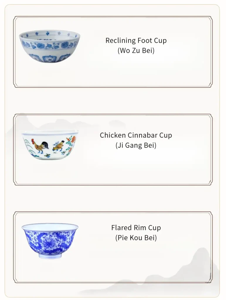 A photograph displaying three distinct ceramic cups: the Reclining Foot Cup with a concave foot, the Chicken Cinnabar Cup with vibrant blue and five-color decorations, and the Flared Rim Cup with a tapered body and rounded foot, all showcasing their unique designs.
