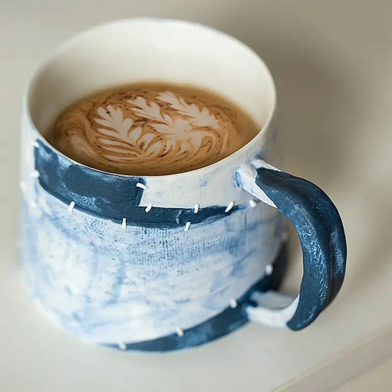 Underglaze ceramic mug with subtle hand-painted design, perfect for a daily latte.