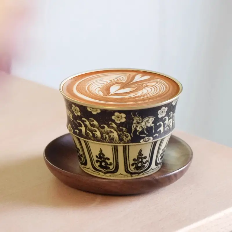 PeonyCeramics handmade ceramic cup with underglaze blue Nine-Colored Deer design for morning coffee or tea