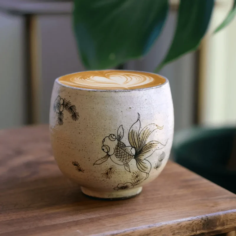 Hand-painted goldfish ceramic latte mug in vintage Japanese style