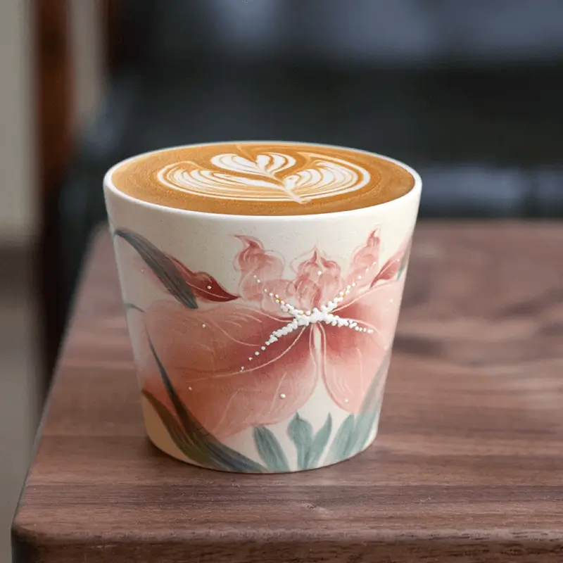 Hand-painted pink iris ceramic coffee cup in Nordic style with matte underglaze finish, perfect gift for her