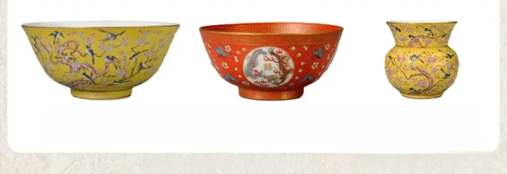 Partial display of Tongzhi Wedding Ceramics, showcasing intricate porcelain designs and vibrant colors used for the Qing Dynasty imperial wedding.