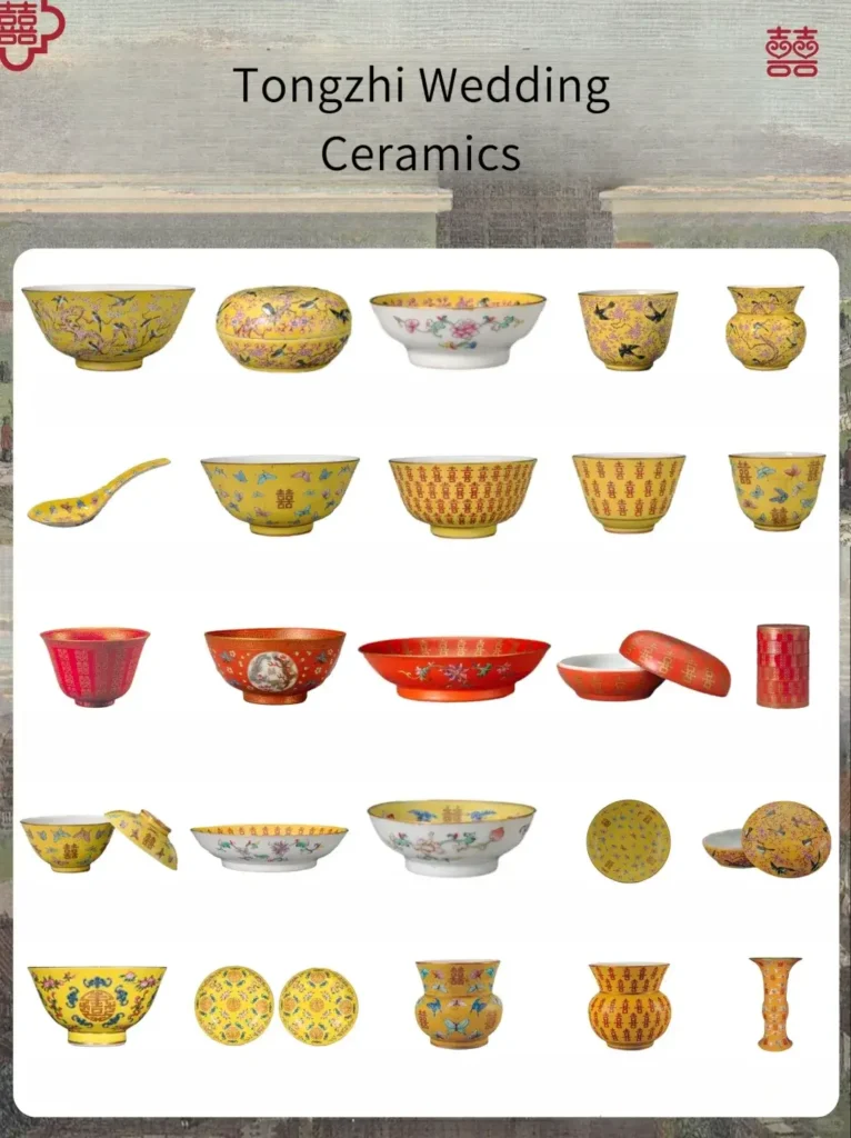 Illustration of Tongzhi Ceramics set, showcasing traditional Qing Dynasty porcelain with intricate designs and royal symbolism.