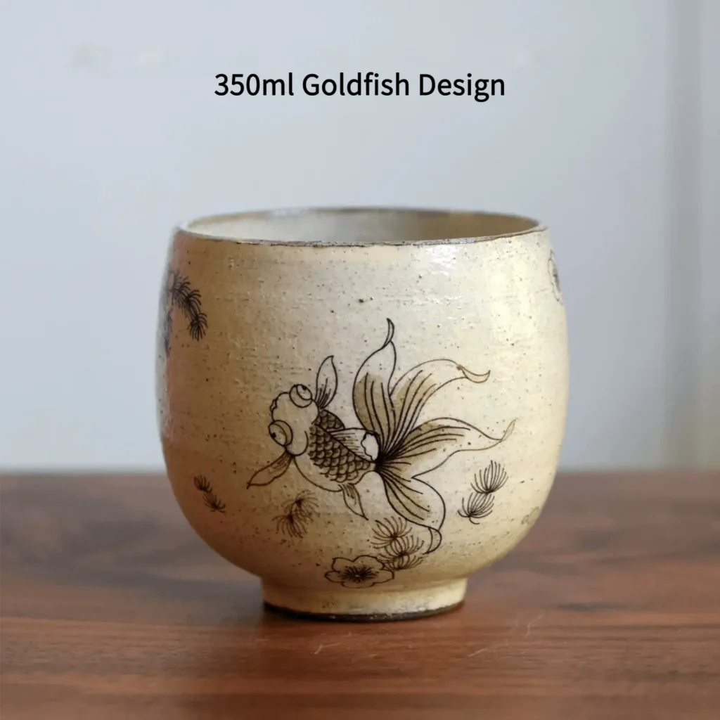 Vintage ceramic coffee mug with underglaze goldfish art and large 350ml capacity for daily use