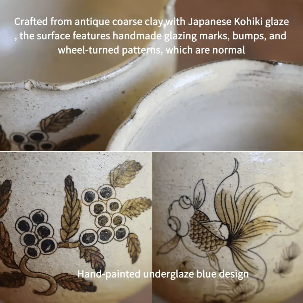 Vintage ceramic coffee mug made from coarse clay with Kohiki glaze, featuring handmade glaze traces, bumps, and trimming spiral marks